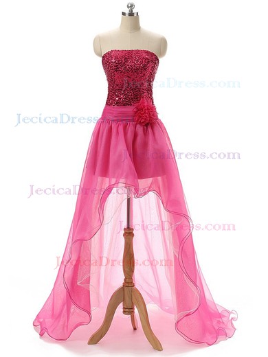 For Cheap A-line Organza Sequined with Flower(s) Asymmetrical Lace-up High Low Strapless Prom Dresses #JCD020103176