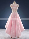 Pretty Asymmetrical Princess V-neck Lace Tulle with Appliques Lace High Low Prom Dresses #JCD020103187
