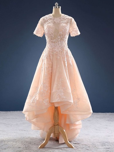 Princess Scoop Neck Organza Tulle Appliques Lace Asymmetrical Classy High Low Short Sleeve Prom Dresses #JCD020103188