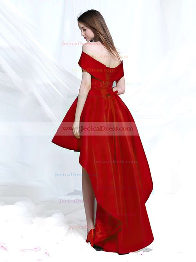 A-line Red Satin Sashes / Ribbons Asymmetrical New Style High Low Off-the-shoulder Prom Dresses #JCD020103189
