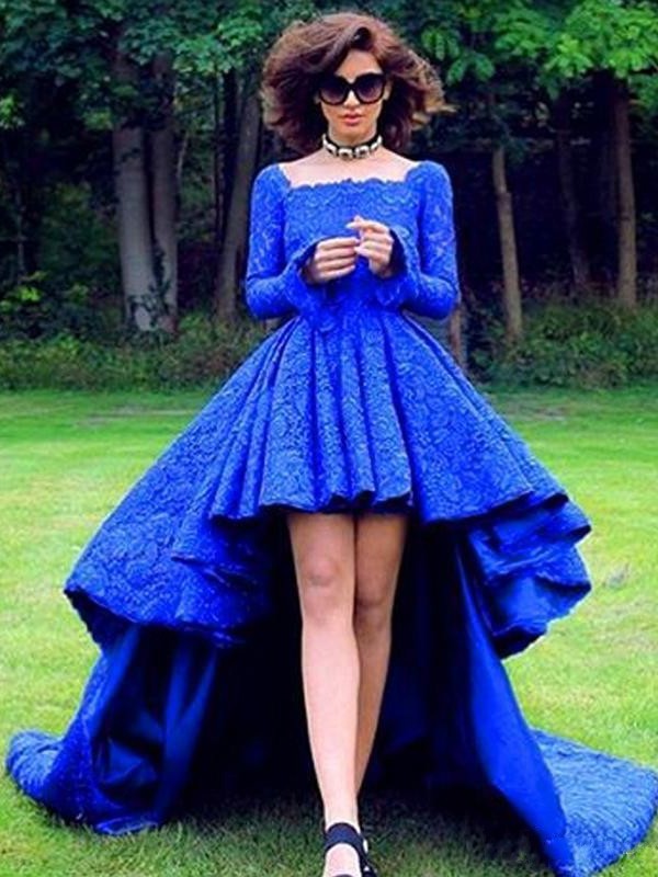 Asymmetrical Princess Square Neckline Royal Blue Lace Appliques Lace Long Sleeve High Low Backless Prom Dresses #JCD020103193