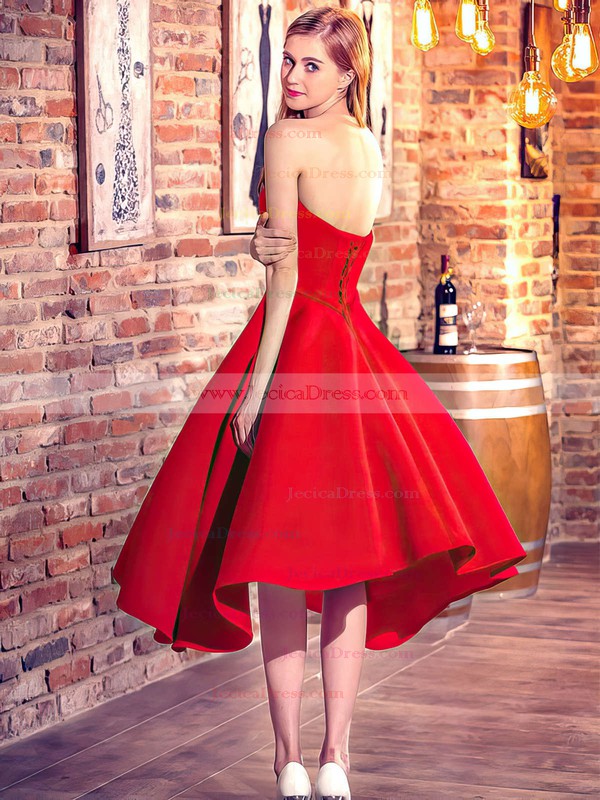 Asymmetrical Princess Sweetheart Red Satin with Ruffles Classic High Low Prom Dresses #JCD020103199
