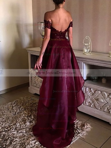 Sexy Asymmetrical A-line Off-the-shoulder Organza Appliques Lace High Low Backless Prom Dresses #JCD020103210