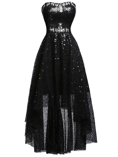 Asymmetrical A-line Sweetheart Black Sequined with Beading Online High Low Prom Dresses #JCD020103213