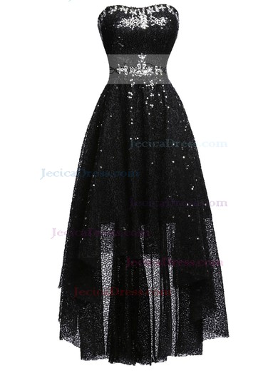 Asymmetrical A-line Sweetheart Black Sequined with Beading Online High Low Prom Dresses #JCD020103213