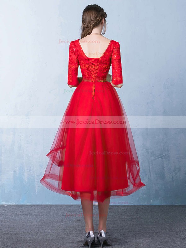 A-line Scoop Neck Red Lace Tulle Sashes / Ribbons Asymmetrical Pretty High Low 1/2 Sleeve Prom Dresses #JCD020103214
