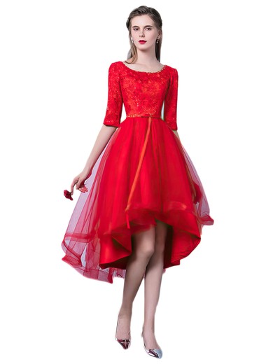 A-line Scoop Neck Red Lace Tulle Sashes / Ribbons Asymmetrical Pretty High Low 1/2 Sleeve Prom Dresses #JCD020103214
