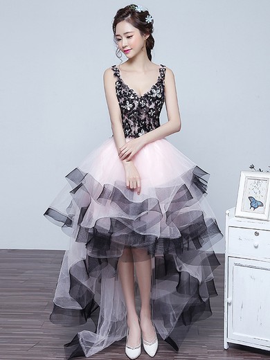 New Arrival Asymmetrical Princess V-neck Tulle with Appliques Lace High Low Prom Dresses #JCD020103215