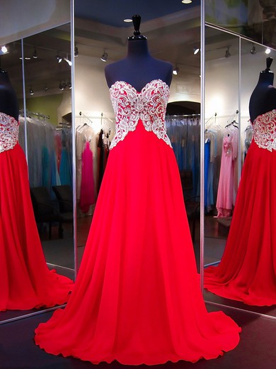 Princess Sweetheart Chiffon with Crystal Detailing Sweep Train Beautiful Red Prom Dresses #JCD020103221
