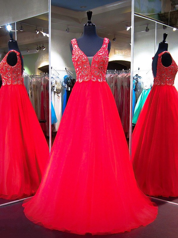 Boutique Red V-neck Princess Tulle with Crystal Detailing Sweep Train Backless Prom Dresses #JCD020103222