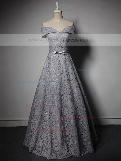 Princess Lace with Sashes / Ribbons Lace-up Floor-length Modest Off-the-shoulder Prom Dresses #JCD020103224