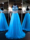 Princess Scoop Neck Tulle with Crystal Detailing Sweep Train Sparkly Blue Prom Dresses #JCD020103225