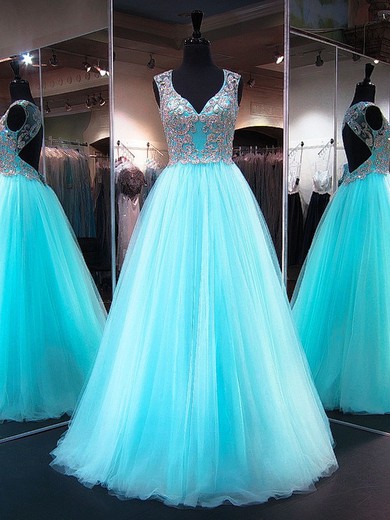 Princess V-neck Light Sky Blue Tulle Crystal Detailing Floor-length Fabulous Open Back Prom Dresses #JCD020103227