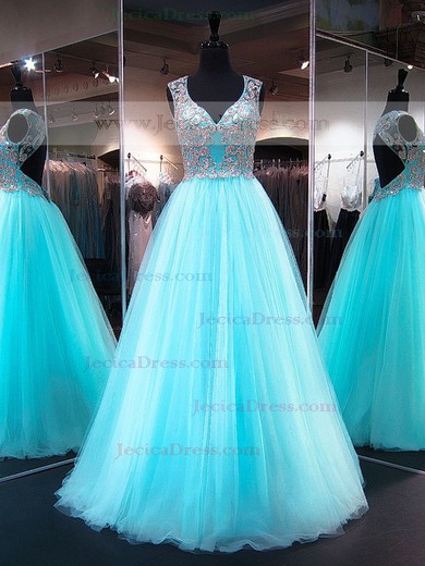 Princess V-neck Light Sky Blue Tulle Crystal Detailing Floor-length Fabulous Open Back Prom Dresses #JCD020103227