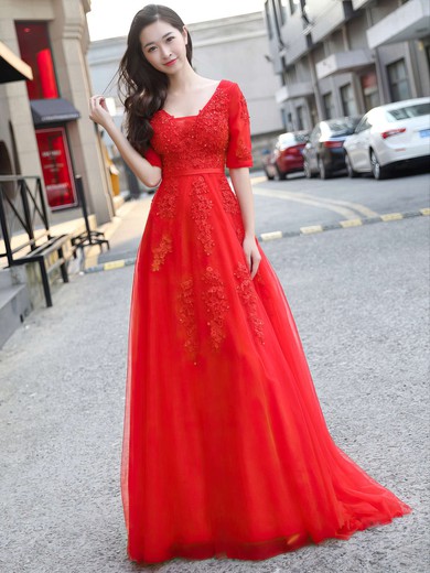 V-neck Princess Red Tulle with Appliques Lace Floor-length New 1/2 Sleeve Prom Dresses #JCD020103229