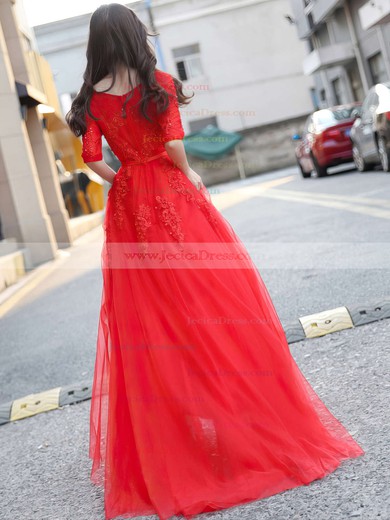 V-neck Princess Red Tulle with Appliques Lace Floor-length New 1/2 Sleeve Prom Dresses #JCD020103229