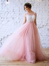 Princess Scoop Neck Tulle with Appliques Lace Floor-length New Arrival Pink Prom Dresses #JCD020103231