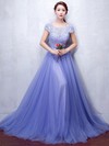 Graceful Princess Scoop Neck Tulle with Appliques Lace Sweep Train Open Back Prom Dresses #JCD020103232