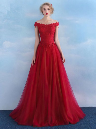 Princess Red Tulle Appliques Lace Floor-length Classy Off-the-shoulder Prom Dresses #JCD020103235