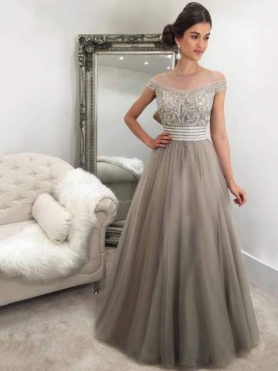 Fashion Scoop Neck Tulle with Beading Floor-length Princess Prom Dresses #JCD020103236