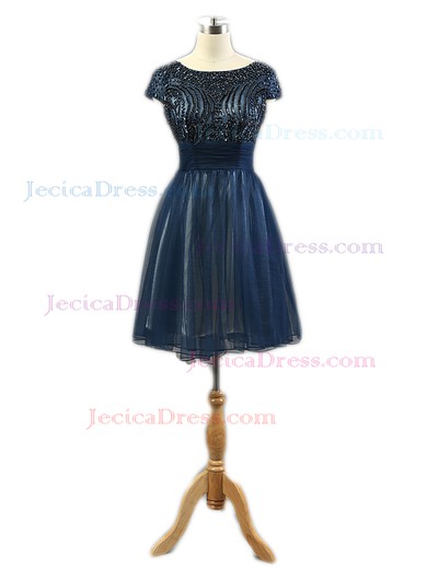Short/Mini A-line Scoop Neck Dark Navy Tulle Crystal Detailing Custom Open Back Prom Dresses #JCD020103237
