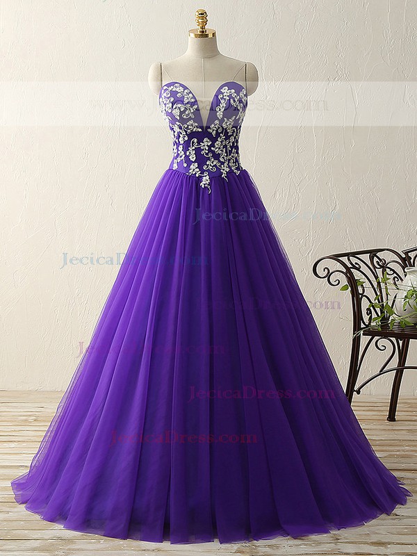 Popular Sweetheart Tulle with Appliques Lace Floor-length Princess Prom Dresses #JCD020103239