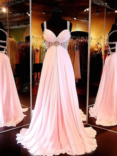 Famous V-neck Princess Chiffon with Beading Sweep Train Backless Prom Dresses #JCD020103241