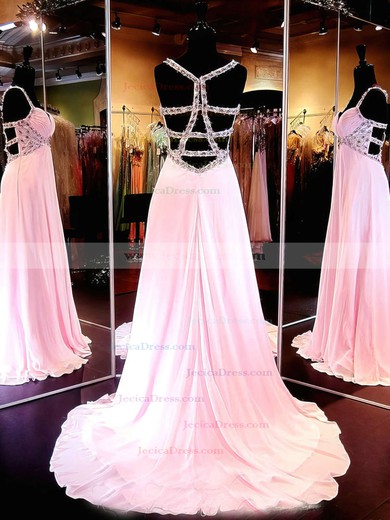 Famous V-neck Princess Chiffon with Beading Sweep Train Backless Prom Dresses #JCD020103241