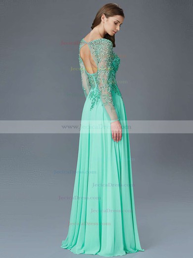 Open Back A-line Scoop Neck Chiffon Tulle with Appliques Lace Floor-length Online Long Sleeve Prom Dresses #JCD020103242