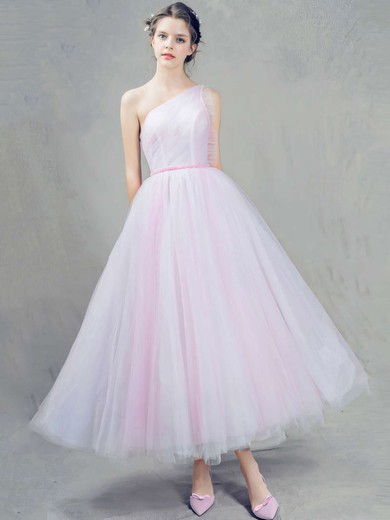 Sweet Ankle-length Ball Gown Pink Tulle with Sashes / Ribbons One Shoulder Prom Dresses #JCD020103243