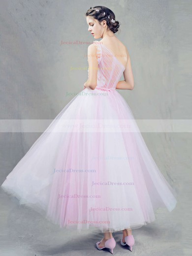 Sweet Ankle-length Ball Gown Pink Tulle with Sashes / Ribbons One Shoulder Prom Dresses #JCD020103243