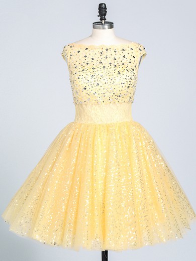 Yellow Princess Scoop Neck Lace Tulle Sequined with Crystal Detailing Cute Short/Mini Prom Dresses #JCD020103244
