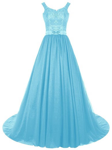 Discounted Scoop Neck Lace Chiffon with Sashes / Ribbons Sweep Train Princess Prom Dresses #JCD020103250