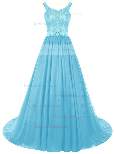 Discounted Scoop Neck Lace Chiffon with Sashes / Ribbons Sweep Train Princess Prom Dresses #JCD020103250