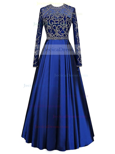 Royal Blue Princess Scoop Neck Tulle Taffeta with Beading Floor-length Elegant Long Sleeve Prom Dresses #JCD020103251
