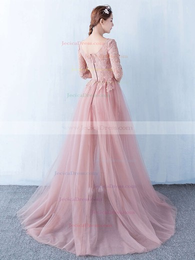 Scoop Neck Princess Tulle with Appliques Lace Floor-length Pretty 1/2 Sleeve Prom Dresses #JCD020103254
