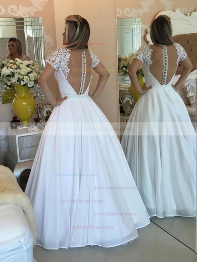 Fabulous White Princess V-neck Chiffon Lace Floor-length Short Sleeve Prom Dresses #JCD020103257