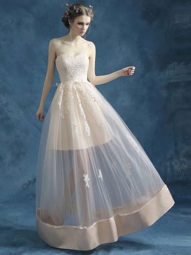 Perfect A-line Sweetheart Satin Tulle with Appliques Lace Floor-length Prom Dresses #JCD020103259