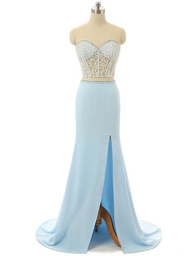 Light Sky Blue Sweetheart Chiffon Tulle Split Front Sweep Train Custom Trumpet/Mermaid Prom Dresses #JCD020103263