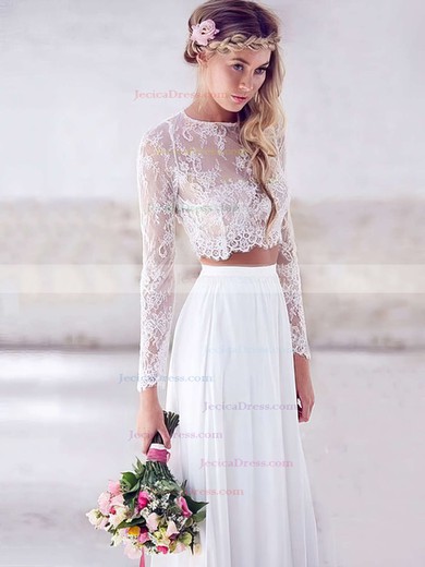 Modern Two Piece A-line Scoop Neck Lace Chiffon with Ruffles Floor-length Long Sleeve Prom Dresses #JCD020103264