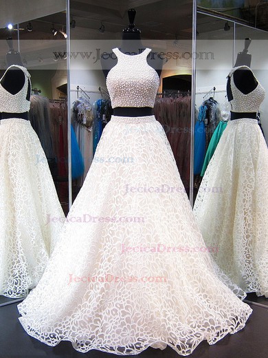 Two Piece Ball Gown Scoop Neck Tulle with Pearl Detailing Floor-length Newest Open Back Prom Dresses #JCD020103266