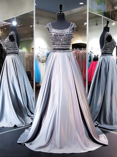 Boutique Two Piece Scoop Neck Princess Satin with Beading Sweep Train Backless Prom Dresses #JCD020103267