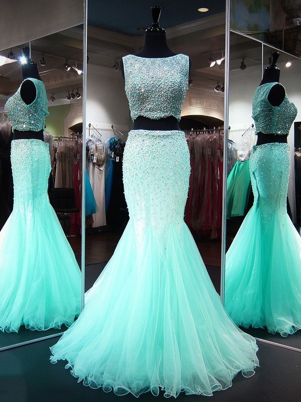 Trumpet/Mermaid Scoop Neck Lace Tulle with Beading Floor-length Beautiful Two Piece Prom Dresses #JCD020103268