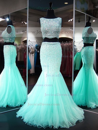 Trumpet/Mermaid Scoop Neck Lace Tulle with Beading Floor-length Beautiful Two Piece Prom Dresses #JCD020103268
