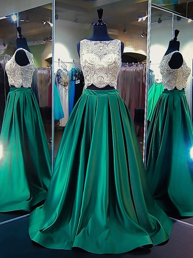 Elegant Scoop Neck Princess Satin Tulle with Beading Sweep Train Two Piece Prom Dresses #JCD020103269