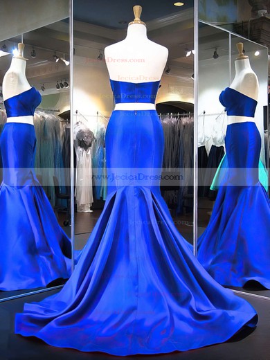 Online Royal Blue Trumpet/Mermaid Sweetheart Satin Ruffles Sweep Train Two Piece Prom Dresses #JCD020103271