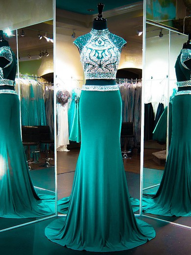 High Neck Sheath/Column Chiffon Tulle with Beading Sweep Train Top Open Back Two Piece Prom Dresses #JCD020103274