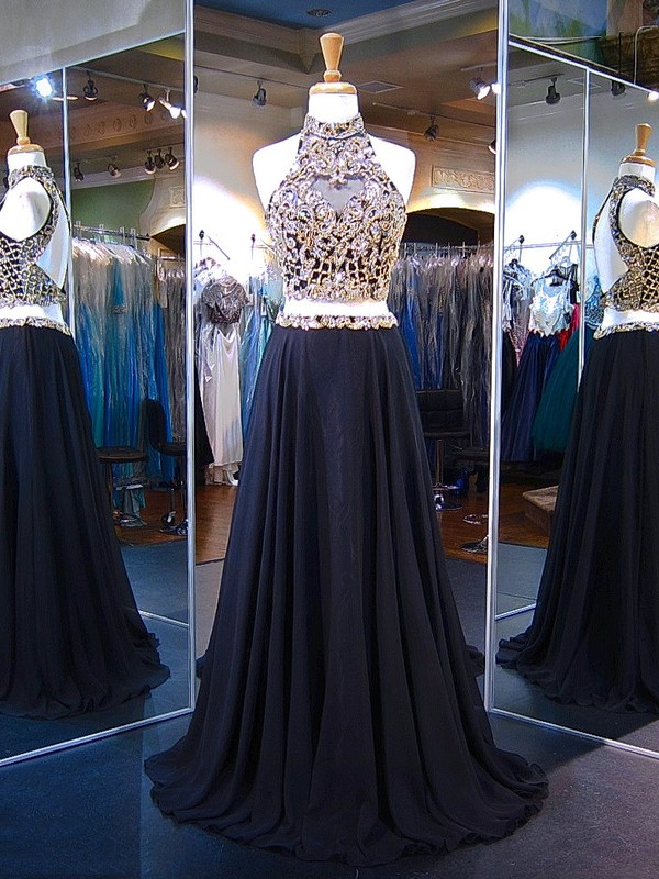 A-line High Neck Chiffon Tulle Crystal Detailing Sweep Train Latest Black Open Back Two Piece Prom Dresses #JCD020103275
