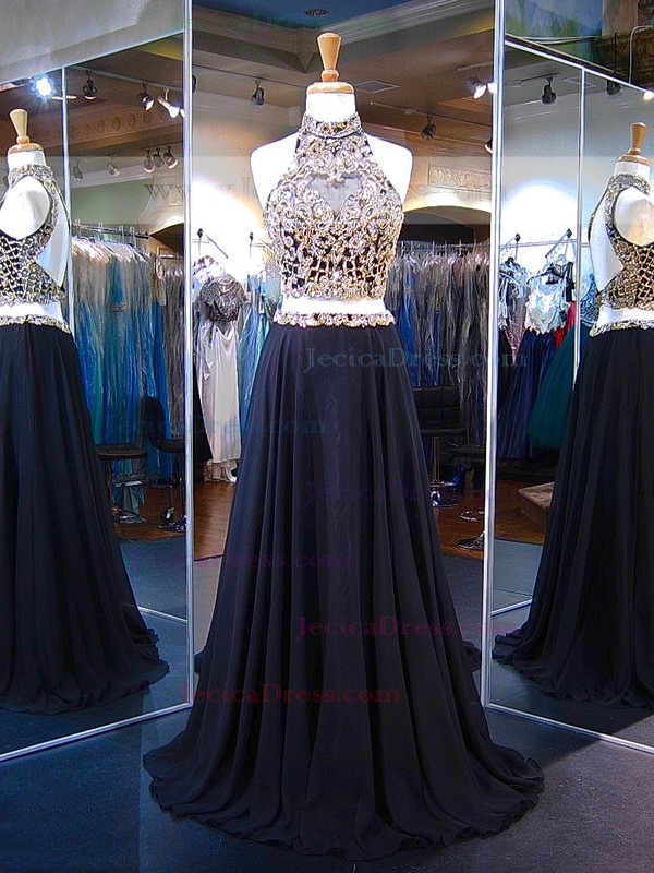 A-line High Neck Chiffon Tulle Crystal Detailing Sweep Train Latest Black Open Back Two Piece Prom Dresses #JCD020103275