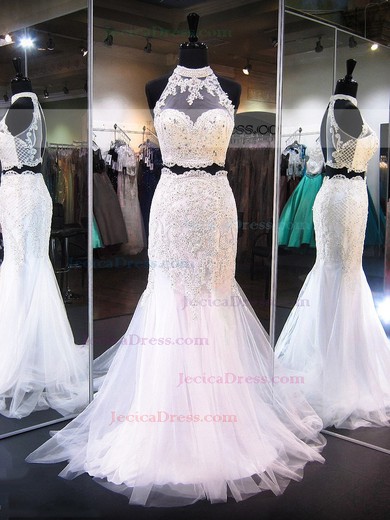 High Neck Trumpet/Mermaid Tulle with Appliques Lace Sweep Train New Style Two Piece Prom Dresses #JCD020103277